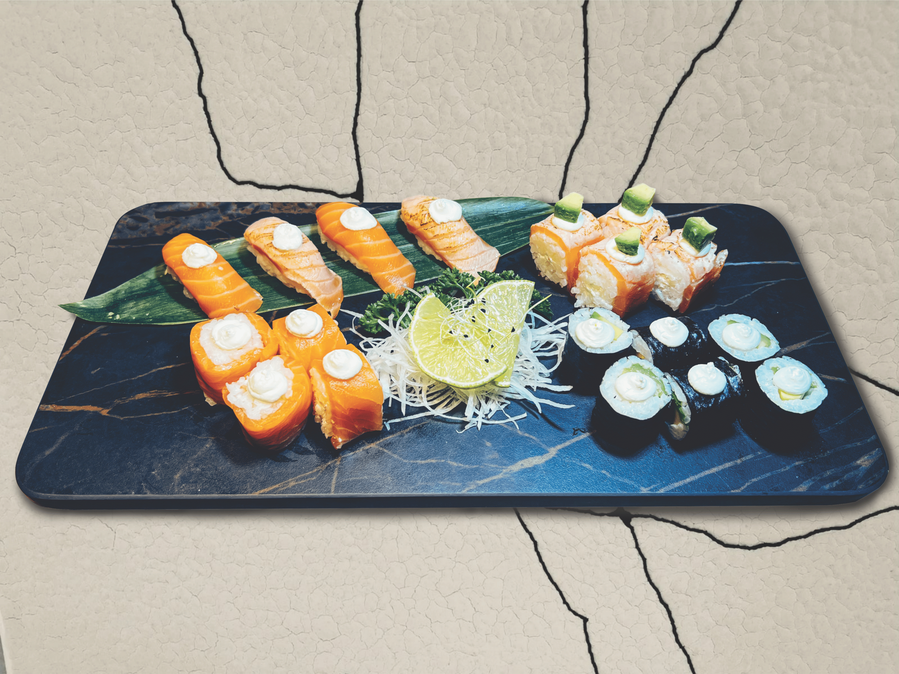 Assiette composée de sushi et maki garnis de fromage crémeux, accompagnés de légumes frais et d'une touche de sauce