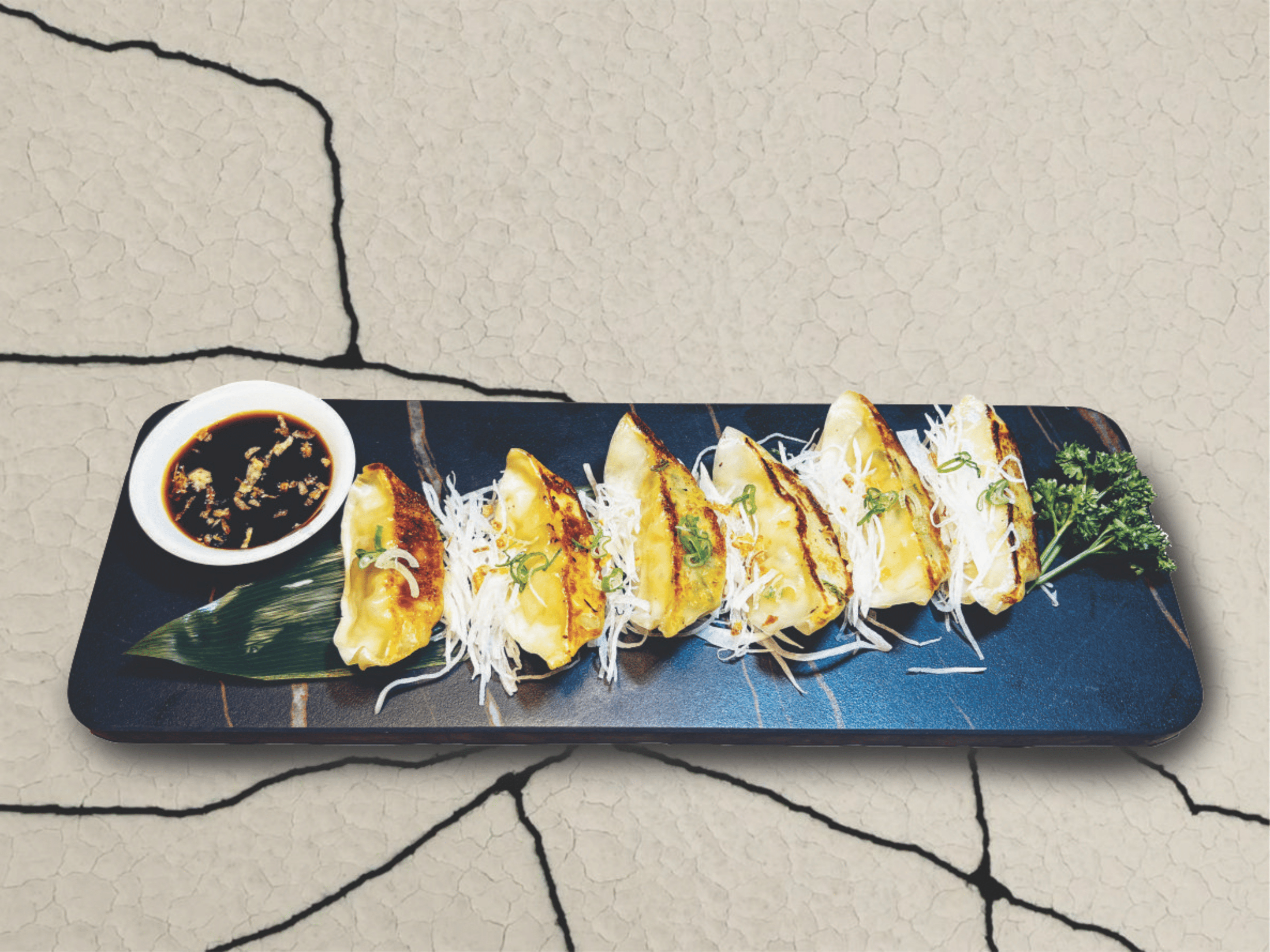 Gyoza japonais doré, farci de légumes et servi avec une sauce de soja maison